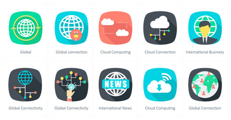 A set of 10 Communication icons as global, global connection, cloud computing