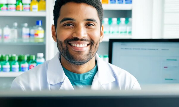 Friendly Pharmacist Behind the Counter in a Modern Pharmacy