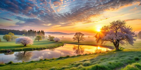 Obraz premium Serene sunrise over a tranquil spring landscape, dawn, nature, spring, sun, sunrise, flowers, trees, meadow, peaceful