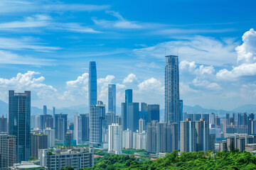 Skyscrapers Viewed from Below with Blue Sky and White Clouds