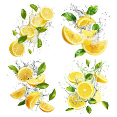 Set of fresh delicious lemons splashing with leaves, cut out