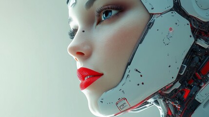 A woman with a robotic face and red lips