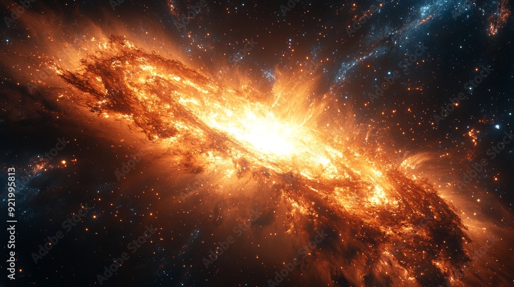 Poster bright spiral galaxy exploding with star formation in deep space