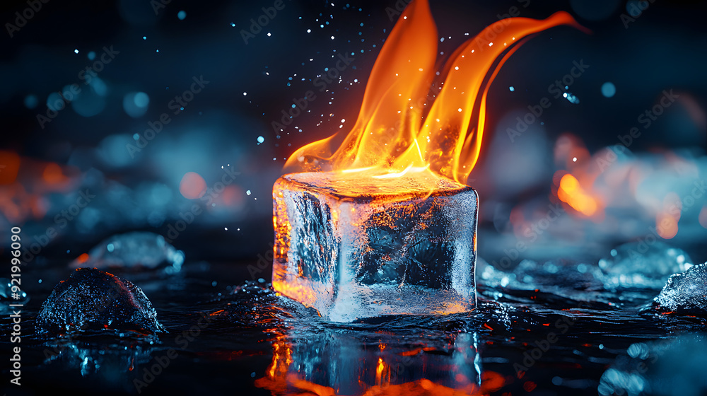 Poster conceptual photograph of an ice cube engulfed in flames, symbolizing the contrast between fire and i