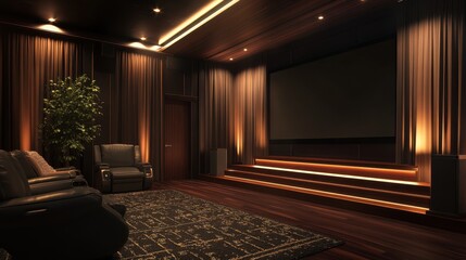 Modern Home Theater with Smart Projector, Automated Blackout Curtains, and Central Hub Control in Realistic Setting
