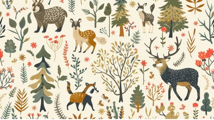 A vibrant illustration features various forest animals and plants in a playful, artistic style