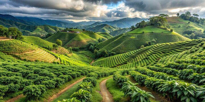 Landscape of coffee area in Colombia, coffee, plantation, mountains, farming, agriculture, scenic, South America, rural, countryside