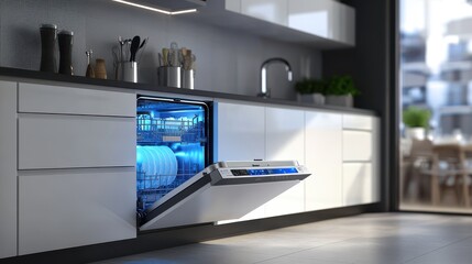Modern Smart Kitchen with Energy-Efficient Dishwasher Integrated into Smart Home System