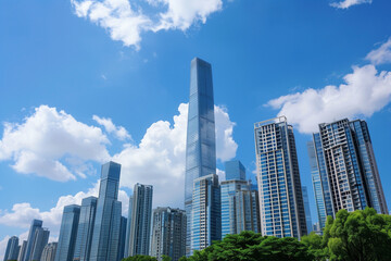 Fototapeta premium Skyscrapers Viewed from Below with Blue Sky and White Clouds