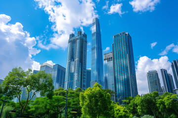 Naklejka premium Skyscrapers Viewed from Below with Blue Sky and White Clouds