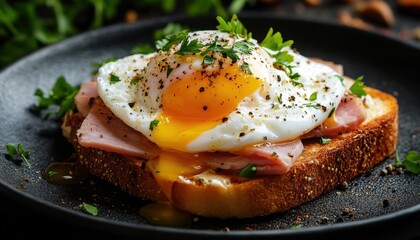 Delicious toasted bread topped with ham and a perfectly poached egg garnished with herbs