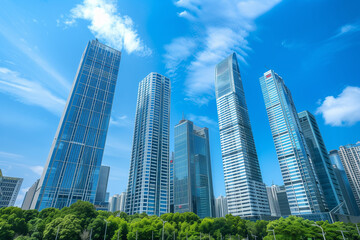 Fototapeta premium Skyscrapers Viewed from Below with Blue Sky and White Clouds