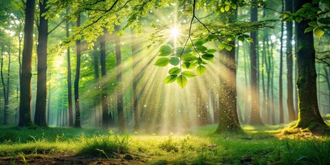 Fototapeta premium Tranquil forest scene with dew-covered leaves and soft sunlight streaming through the trees, nature, morning, trees, green