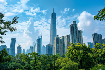 Fototapeta premium Skyscrapers Viewed from Below with Blue Sky and White Clouds