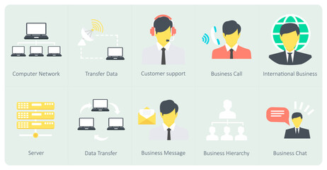 A set of 10 Communication icons as computer network, transfer data, customer support