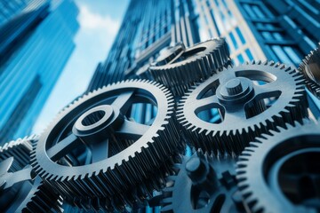 Conceptual photography of gears and cogs interlocking with skyscrapers, representing business synergy and development, high resolution, detailed textures, crisp focus