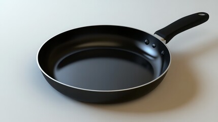 A black frying pan with a black handle sits on a white surface. It has a shiny silver rim and three small silver rivets on the handle.