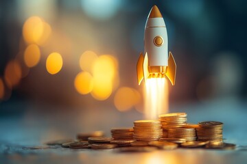 Conceptual photography of a rocket taking off from a stack of coins, symbolizing investment in new ventures, high resolution, detailed textures, crisp focus