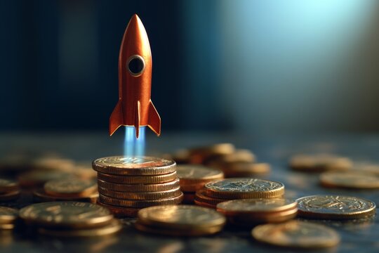 Conceptual photography of a rocket taking off from a stack of coins, symbolizing investment in new ventures, high resolution, detailed textures, crisp focus