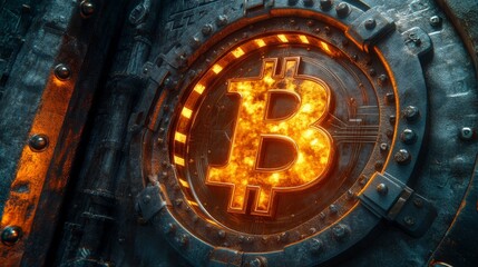 Fototapeta premium Bitcoin cryptocurrency burning in industrial safe door background