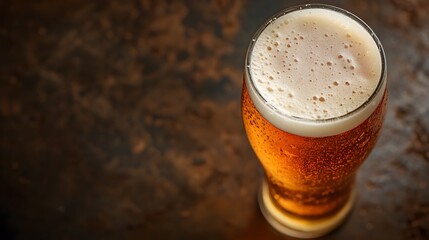 Top View of Freshly Poured Foamy Beer in Glass on Dark Background