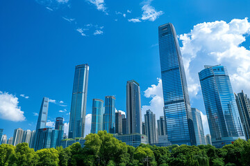 Obraz premium Skyscrapers Viewed from Below with Blue Sky and White Clouds