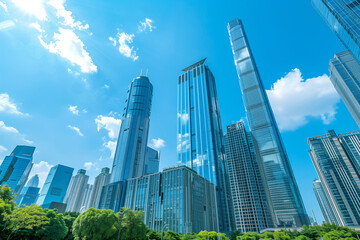 Fototapeta premium Skyscrapers Viewed from Below with Blue Sky and White Clouds