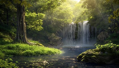Obraz premium Beautiful waterfall in the forest with fog and flowers