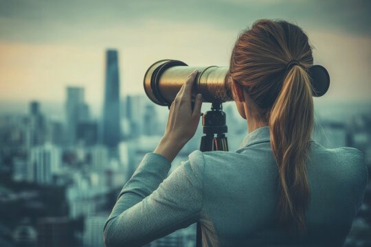 Conceptual photography of a businesswoman looking through a telescope at a distant city, symbolizing future business opportunities, high resolution, detailed textures, crisp focus