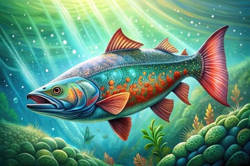 Fototapeta premium Vibrant, hand-drawn illustration of a salmon fish with intricate scales, swimming upwards in a stylized aquatic environment with subtle water textures and subtle movement.
