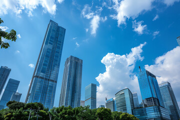 Fototapeta premium Skyscrapers Viewed from Below with Blue Sky and White Clouds
