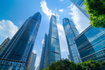 Skyscrapers Viewed from Below with Blue Sky and White Clouds