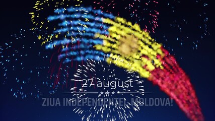 August 27, moldavian independence day banner. Fireworks moldavian flag on night sky background. Moldova flag fireworks. Animated greeting card. Translation: August 27th Happy Independence Day
