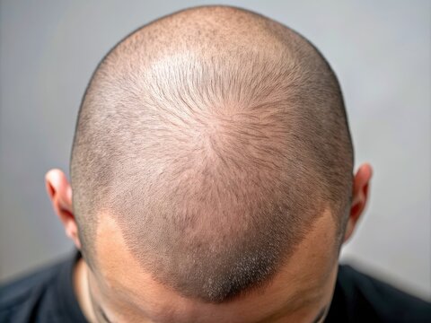 Close-up of a person's scalp showing subtle, natural-looking micropigmentation treatment results, with fine hairs and gentle shading creating a realistic hair follicle appearance.