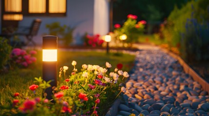 A lit pathway with pebbles and flowers in a garden at night.