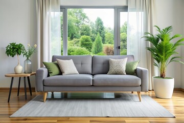 A sleek, modern gray couch stands alone in a bright, airy room with a minimalist decor, flooded with natural light and a sense of tranquility.