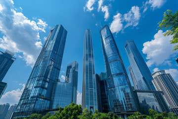 Obraz premium Skyscrapers Viewed from Below with Blue Sky and White Clouds