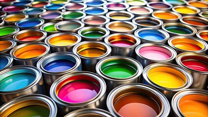 Fototapeta premium Colorful open cans with bright multicolored paint, paint, vibrant, rainbow, containers, artist, colors, art supplies