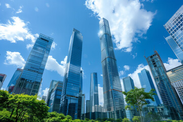 Fototapeta premium Skyscrapers Viewed from Below with Blue Sky and White Clouds