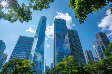 Obraz premium Skyscrapers Viewed from Below with Blue Sky and White Clouds