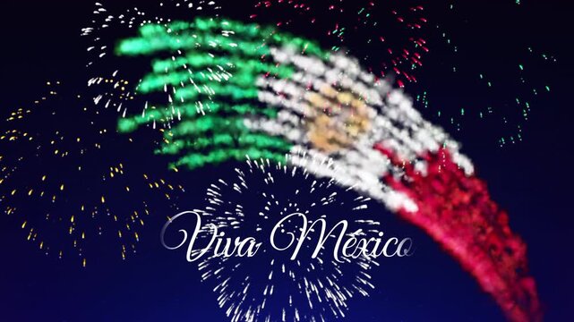 September 16, mexico independence day banner. Fireworks mexican flag on night sky background. Mexico flag fireworks. Animated greeting card happy mexico independence day. Translation: long live mexico