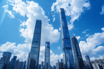 Fototapeta premium Skyscrapers Viewed from Below with Blue Sky and White Clouds