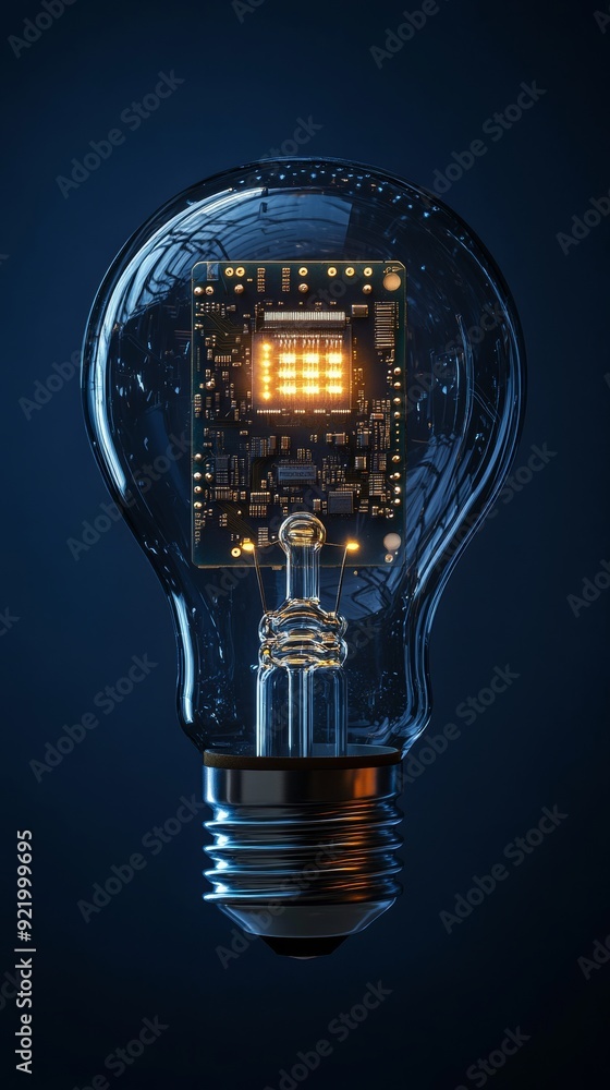 Poster light bulb containing computer chip illuminating innovation