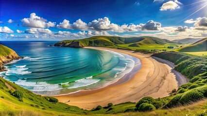 Fototapeta premium Wide panorama shot of a sandy beach, blue ocean bay, and green hills under bright sunlight, sandy beach