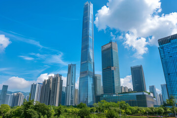 Fototapeta premium Skyscrapers Viewed from Below with Blue Sky and White Clouds
