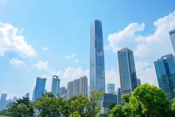 Skyscrapers Viewed from Below with Blue Sky and White Clouds