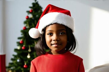 Close up portrait of happy african kid in Santa hat and Christmas background