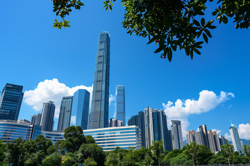 Fototapeta premium Skyscrapers Viewed from Below with Blue Sky and White Clouds