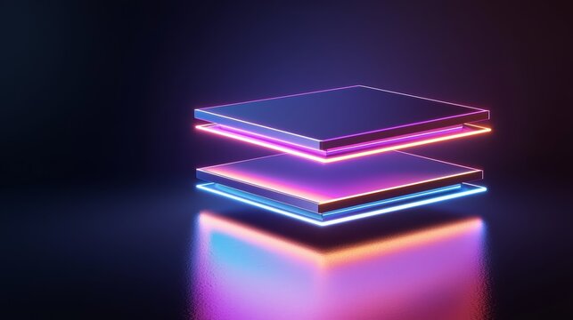 Digital stage, floating holographic shapes, neon tech visuals, sleek design