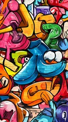 Colorful wall with graffiti art showing cartoon characters